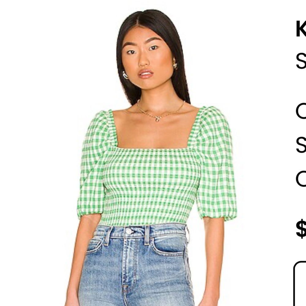 REVOLVE Green Checkered Puff Sleeve Blouse